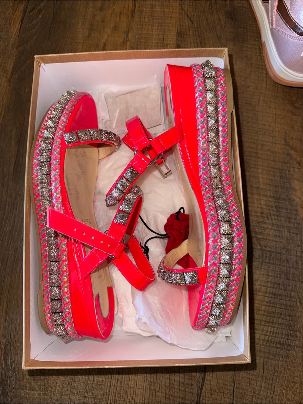 Louboutin Patent Pink Platform Sandals with Studded Trim